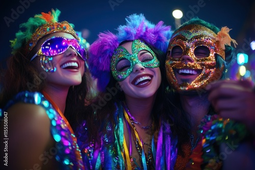 people in festival mask having fun at night Mardi Gras festival photo