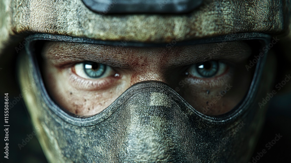 Close-up of a Soldier's Determined Gaze Through Camouflage Gear Close-up of a Soldier's Determined Gaze Through Camouflage Gear