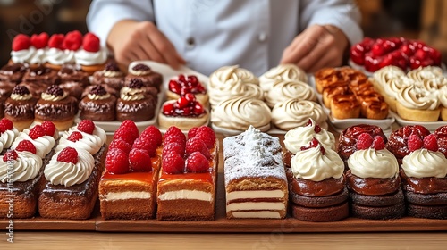 Assorted delicious pastries and cakes on display.