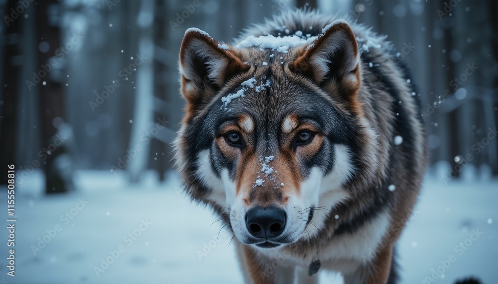 Majestic wolf with snowflakes on its fur in a winter forest Majestic wolf with snowflakes on its fur in a winter forest