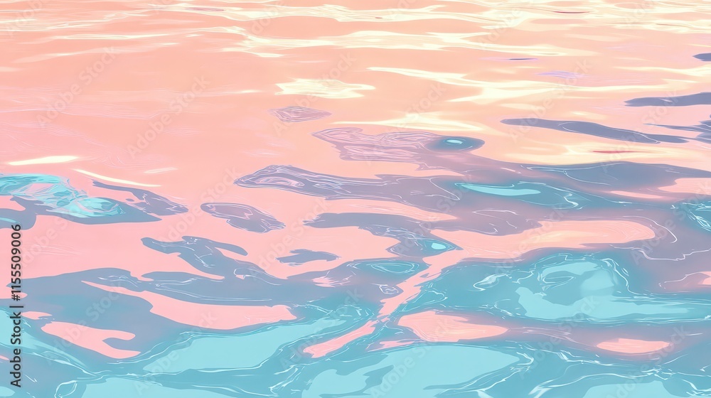Obraz premium Calm ocean waves at sunset. Serene seascape with pastel neon colors. Relaxing abstract background . Summer vacation, travel concept. Perfect for banner, flyer, poster, card with copy space