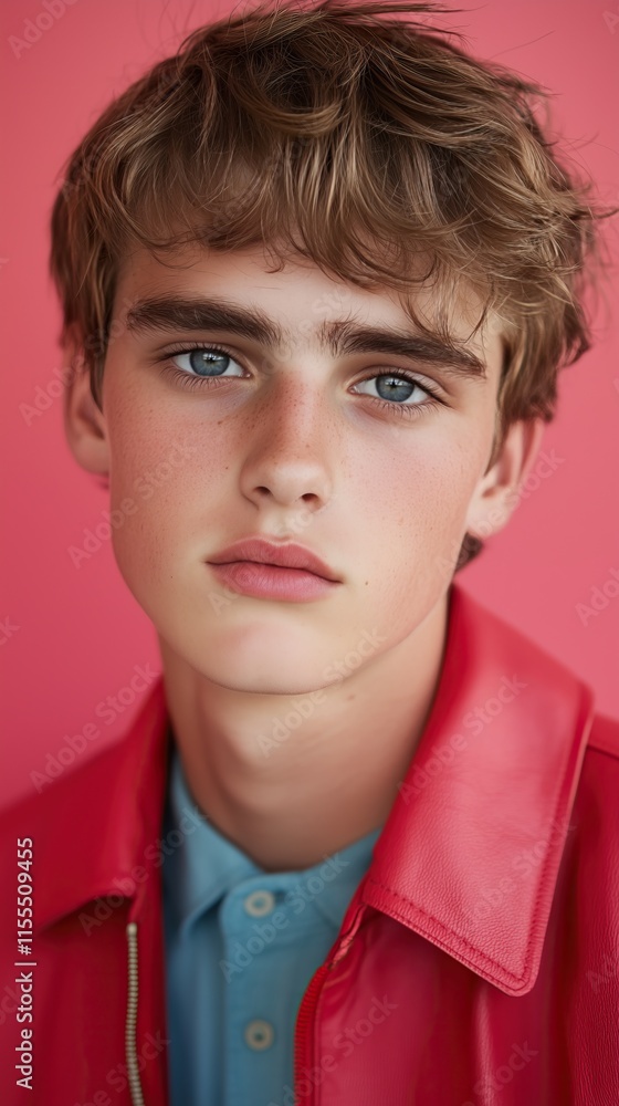 Portrait of teen young man blond hair wearing red leather jacket against pink background Portrait of teen young man blond hair wearing red leather jacket against pink background