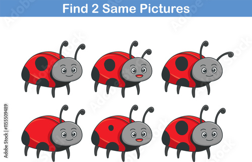 Funny cartoon ladybird. Find two same pictures. Educational game for children. Cartoon vector illustration