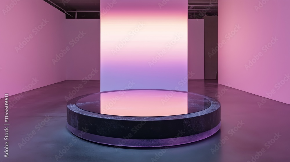 A large, round, black object with a purple and pink glow. Background for display your product. Podium mock up for product presentation. A large, round, black object with a purple and pink glow. Background for display your product. Podium mock up for product presentation.