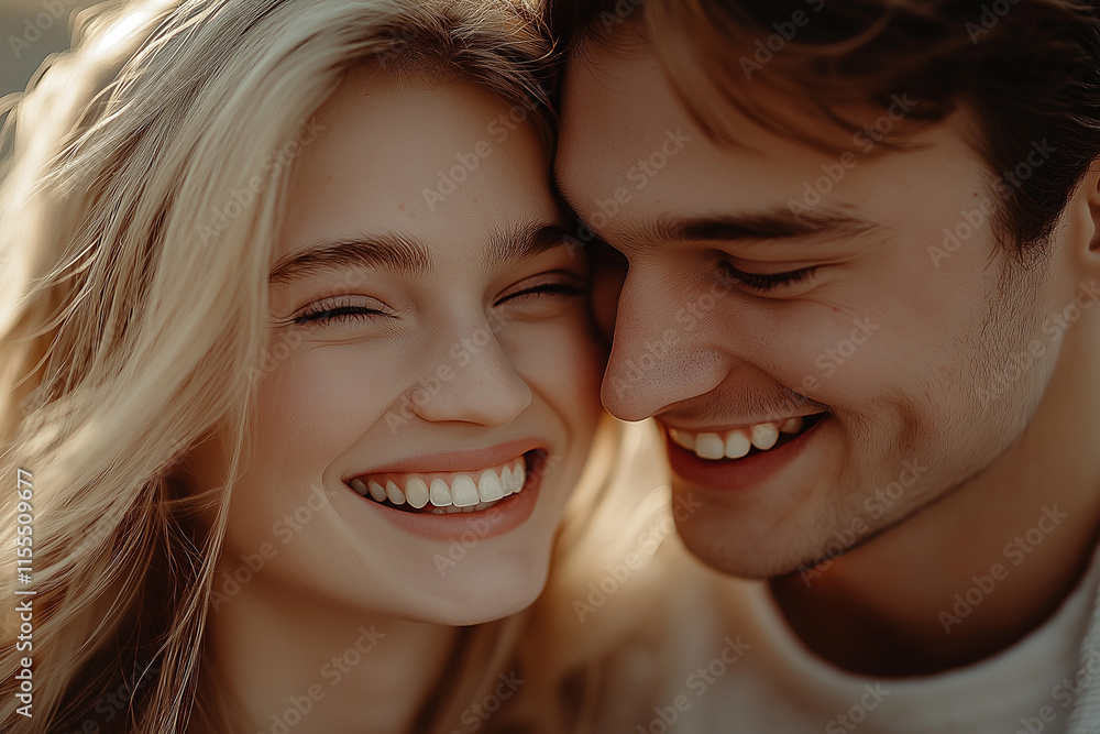A close-up of two people smiling, in a romantic atmosphere with soft lighting, a natural look. A close-up of two people smiling, in a romantic atmosphere with soft lighting, a natural look.