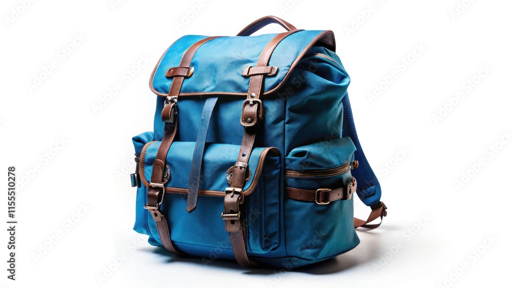 Naklejka premium Blue Backpack, Isolated White Background, Urban Exploration Photography, Travel Gear, Hiking Backpack