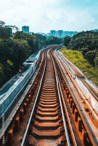 A railway track curves through a lush landscape under a bright sky.