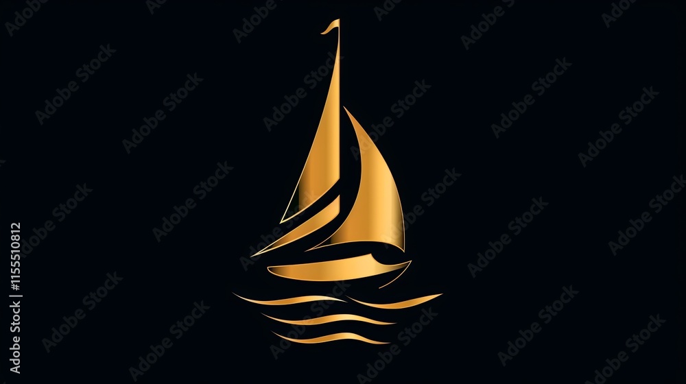 A stylized golden sailboat on rippling waves, on a black background. A stylized golden sailboat on rippling waves, on a black background.