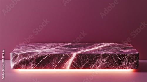 A pink marble table with a light shining on it. Background for display your product. Podium mock up for product presentation.