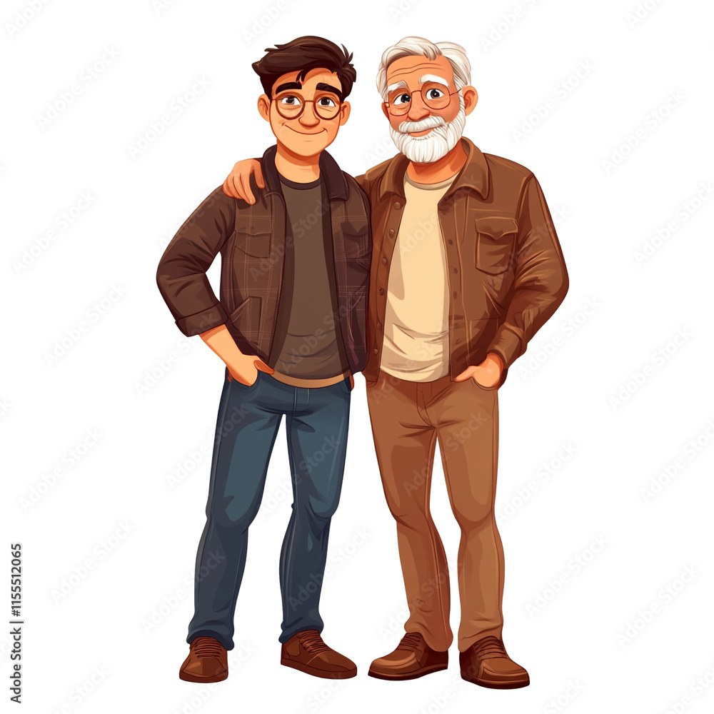 A heartwarming illustration of generational bond: A young man and his grandfather stand side-by-side, showcasing the enduring strength of family connection. A heartwarming illustration of generational bond: A young man and his grandfather stand side-by-side, showcasing the enduring strength of family connection.