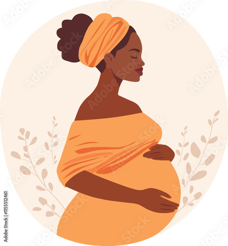 Pregnant african black skin woman in dress. Silhouette of a pregnant woman. Vector illustration