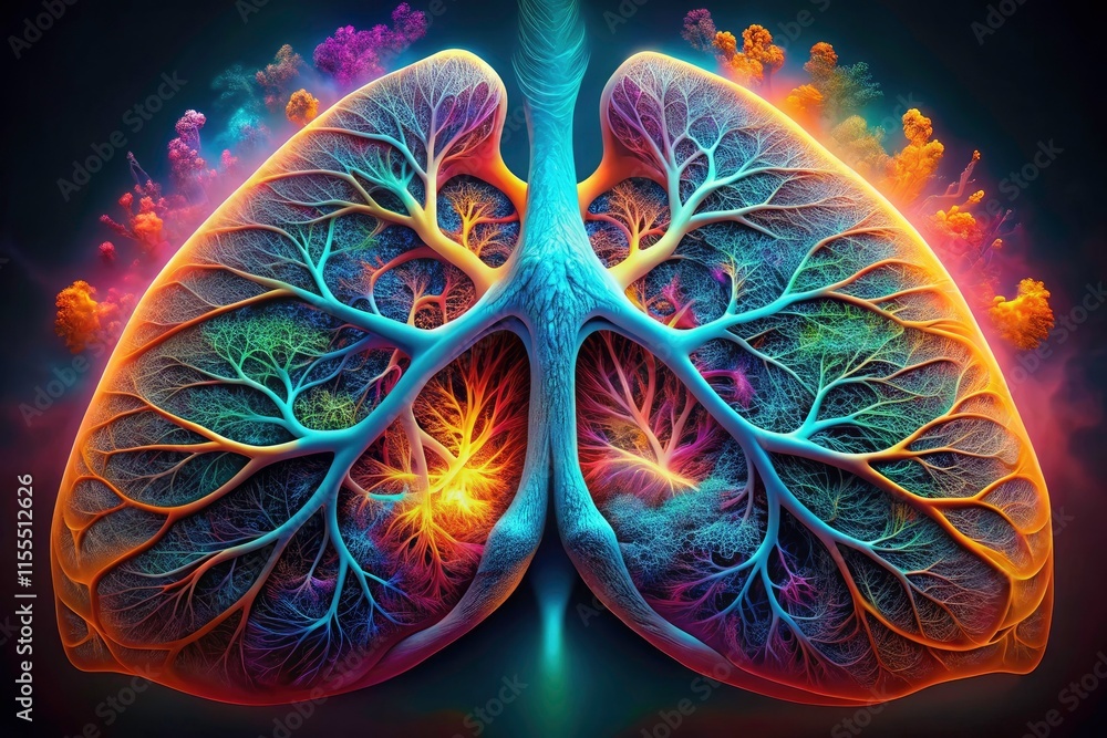 Obraz premium Colorful Lungs X-Ray Scan: Low Light Medical Imaging, Vibrant Pulmonary Anatomy, Detailed Radiography