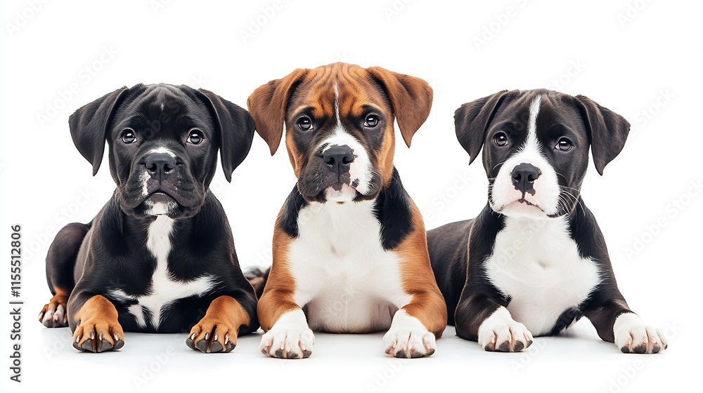 Three Cute Boxer Puppies Sitting on White Background for Pet Lovers : Generative AI Three Cute Boxer Puppies Sitting on White Background for Pet Lovers : Generative AI