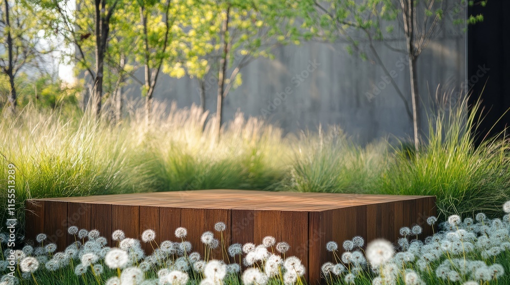 Fototapeta premium Polished wood podium surrounded by tall grasses and dandelions 