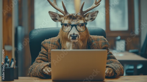 Frustrated deer working on laptop overlooking office digital art indoor creative concept photo