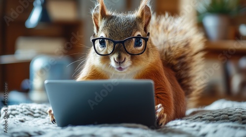 Frustrated squirrel typing on laptop in cozy room animal photography indoor workspace working on a project