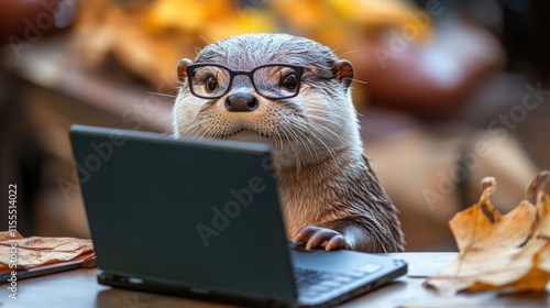 Frustrated otter working on laptop home office digital art cozy environment close-up overseeing tasks