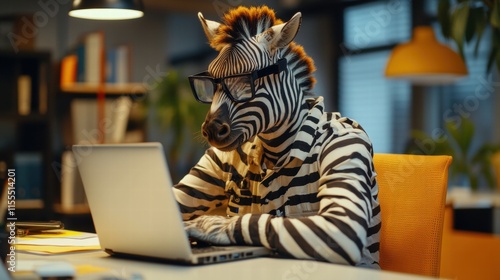 Frustrated zebra working on laptop home office digital indoor close-up concept of working
