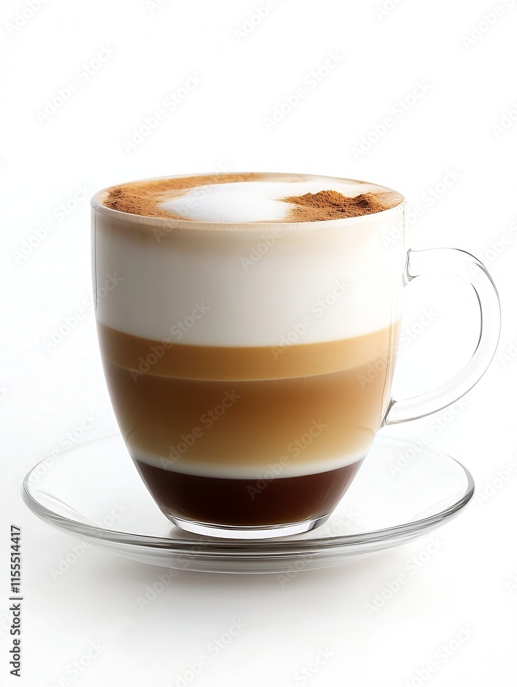 Exquisite Layered Latte in Glass Cup with Saucer on White Minimalistic Setting : Generative AI Exquisite Layered Latte in Glass Cup with Saucer on White Minimalistic Setting : Generative AI