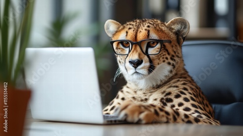 Frustrated cheetah working on laptop overlook office setting digital art modern environment close-up humor