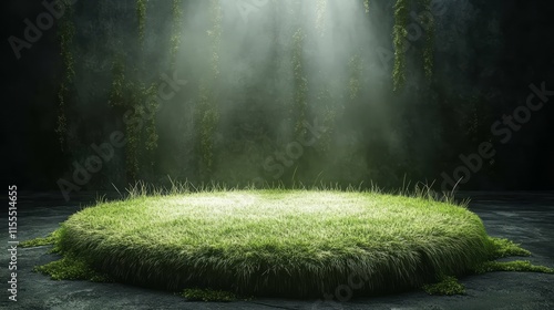 Textured podium made of grass glowing under bright studio lights photo