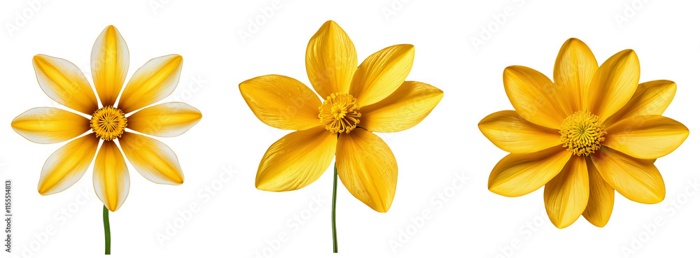 Obraz premium Set of yellow flowers with stems on a transparent background