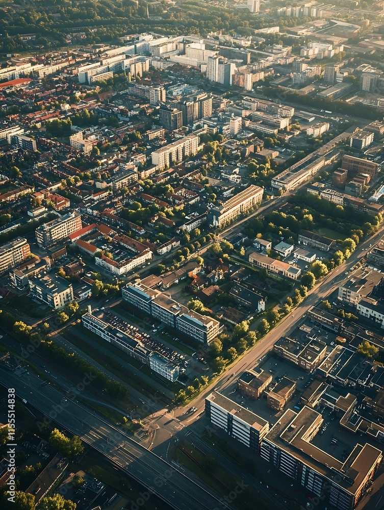 Fototapeta premium Dense Urban Area with Gridlike Pattern and Residential Buildings in Warm Evening Light Aerial Photography : Generative AI