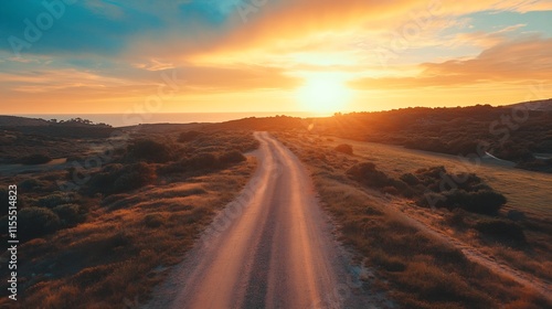 Serene Rural Dirt Road at Sunset Overlooking the Horizon with Vivid Sky Colors : Generative AI
