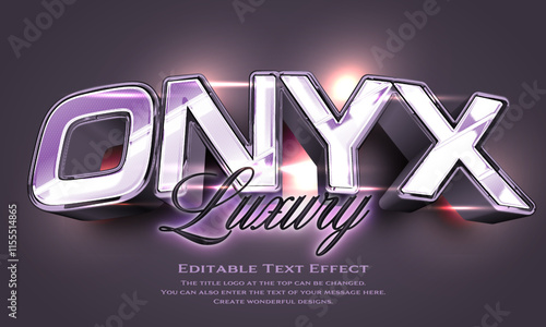 ”Onyx Luxury” Editable title logo text style effect in metallic purple with glossy and luster, sans serif typeface
