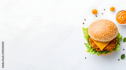 Top view of gourmet juicy barbecue chicken hamburger with bacon, salad onion rings. Delicious fresh handmade classic cheeseburger. Kraft fastfood for restaurant, cafe, bar and foodfestival. Copy space photo