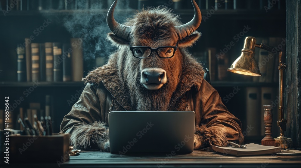 Naklejka premium Frustrated buffalo working on laptop overlooking library humorous cozy environment creative concept