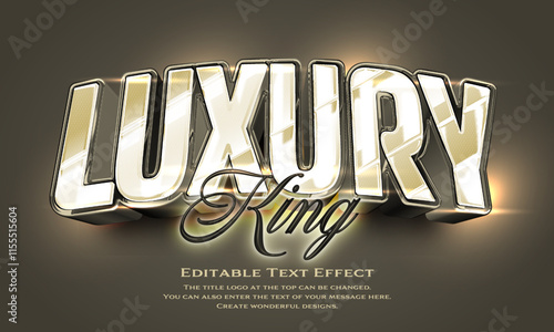 ”Luxury King” Editable title logo text style effect in metallic antique yellow gold with glossy and luster, sans serif typeface
