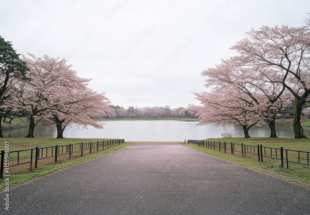 Serene Cherry Blossom Pathway by a Tranquil Lake in a Park, Featuring Lush Green Grass and Blooming Trees Under Soft Overcast Sky Serene Cherry Blossom Pathway by a Tranquil Lake in a Park, Featuring Lush Green Grass and Blooming Trees Under Soft Overcast Sky