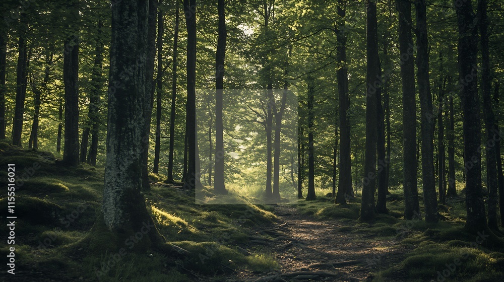 Enchanted Forest Pathway with Silhouetted Trees and Early Morning Sunlight : Generative AI Enchanted Forest Pathway with Silhouetted Trees and Early Morning Sunlight : Generative AI