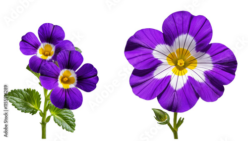 Set of purple flowers with yellow center  and stems on a transparent background