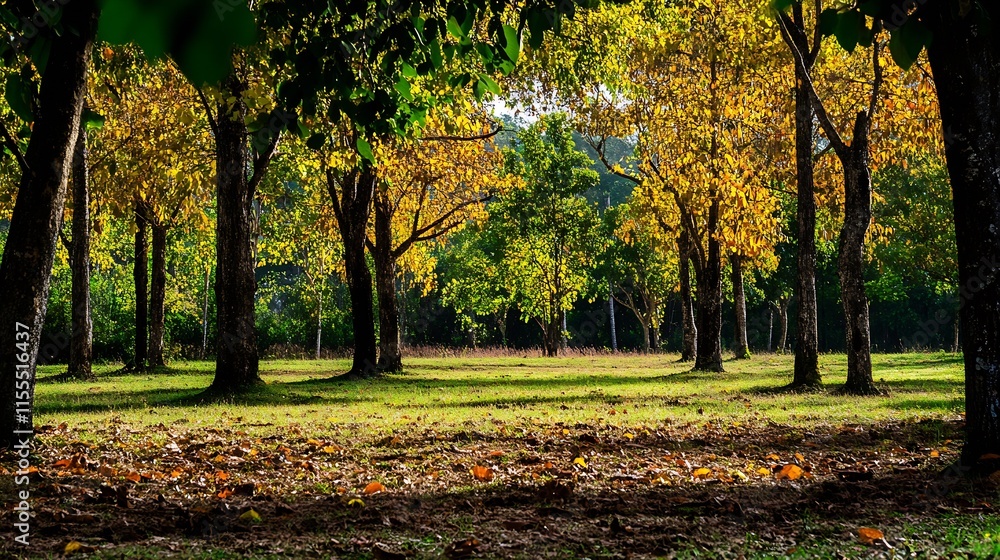Golden Autumn Park Scenery with Sunlit Trees and Fallen Leaves Covering the Ground : Generative AI Golden Autumn Park Scenery with Sunlit Trees and Fallen Leaves Covering the Ground : Generative AI
