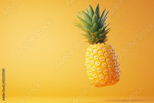 Full Pineapple Illuminated in Mid-Fall with Citrus Droplets on Warm Orange Gradient photo