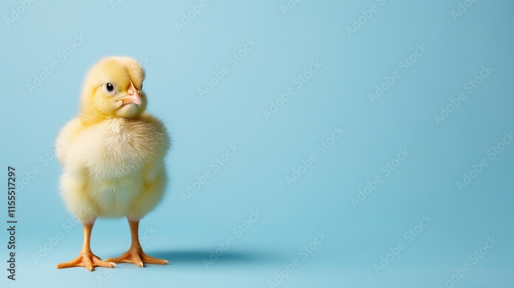 A small, fluffy yellow chick standing on a light blue background. A small, fluffy yellow chick standing on a light blue background.