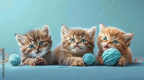 Wallpaper Mural Three adorable kittens, one brown tabby, one ginger, and another brown tabby, with blue eyes and  playful expressions, sit in a row on a blue background with balls of yarn. Torontodigital.ca