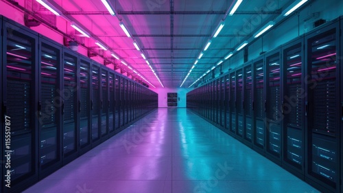 Futuristic Data Center with Neon Lights and Server Racks