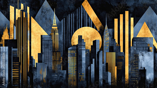 An abstract Art Deco-inspired design featuring sharp, geometric shapes forming the outline of New York City’s skyline