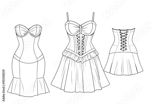 Unique Bustier Dress Fashion Illustration Mock-Up with Detailed Front and Back Perspectives for Creative Use
