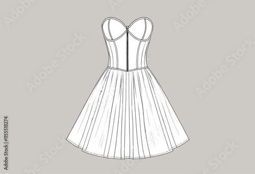 Sophisticated Bustier Dress Technical Illustration Template Showcasing Front and Back Views for Designers

