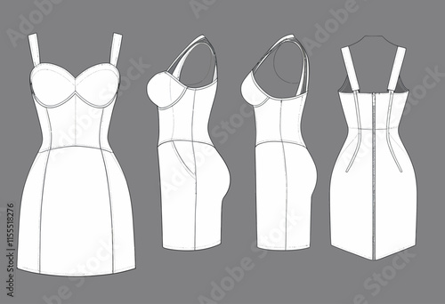 Trendy Bustier Dress Technical Fashion Illustration with Comprehensive Front and Back View for Designers
