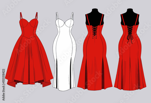 Elegant Bustier Dress Technical Fashion Illustration Mock-Up with Front and Back Views for Modern Designers
