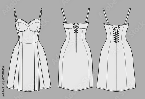 Modern Flat Style Bustier Dress Technical Illustration with Front and Back Views for Fashion Designers
