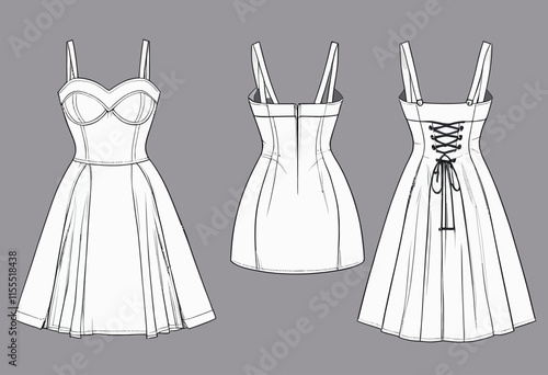 Chic Bustier Dress Fashion Illustration Mock-Up with Detailed Front and Back View for Trendy Designs
