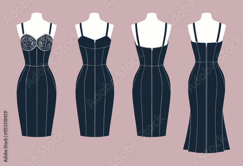 Stylish Bustier Dress Vector Illustration Template Featuring Front and Back Views for Fashion Creatives
