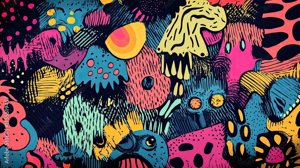 A colorful and abstract painting of various creatures and objects A colorful and abstract painting of various creatures and objects