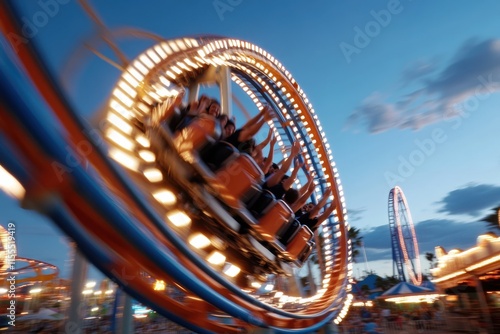 A stunning shot of a colorful roller coaster, showcasing the thrill of the ride as it spins joyfully in the evening light of the bustling amusement fairground. photo